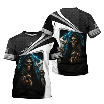 Joycorners Custom Name Mechanic Shirt Grim Reaper Holding Wrench with Thunder Design T Shirt PT2609