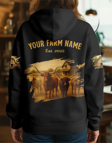 Joycorners Texas Longhorn Farm Life Black Cattle Personalized Name, Farm Name Unisex 3D Hoodie
