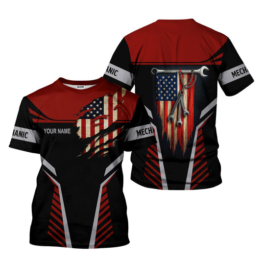 Joycorners Personalized Mechanic Shirt, Wrenches and America Flag Design, Mechanic Uniforms, Gift For Men PT2609