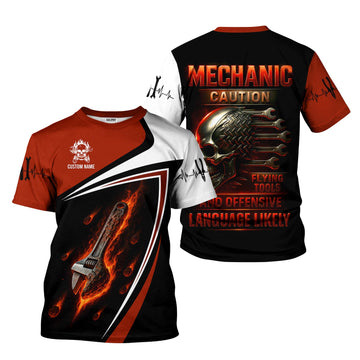 Joycorners Personalized T-Shirt Mechanic Caution Flying Tools And Offensive Language Likely Shirt For Mechanics PT2609