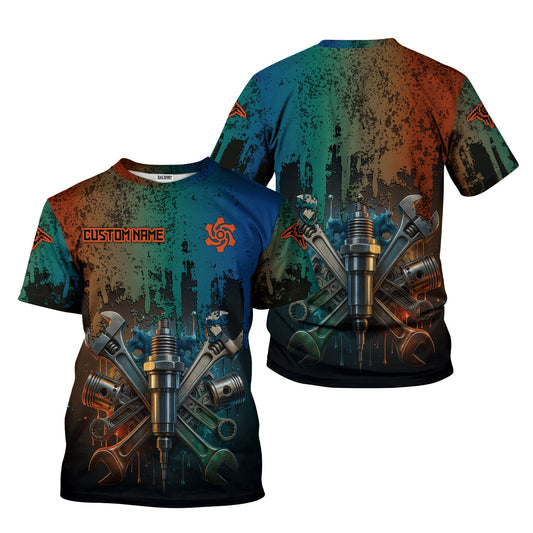 Joycorners Personalized Mechanic Shirt, Colorful Wrenches Piston and Spark Plug Design, Gift For Men PT2609