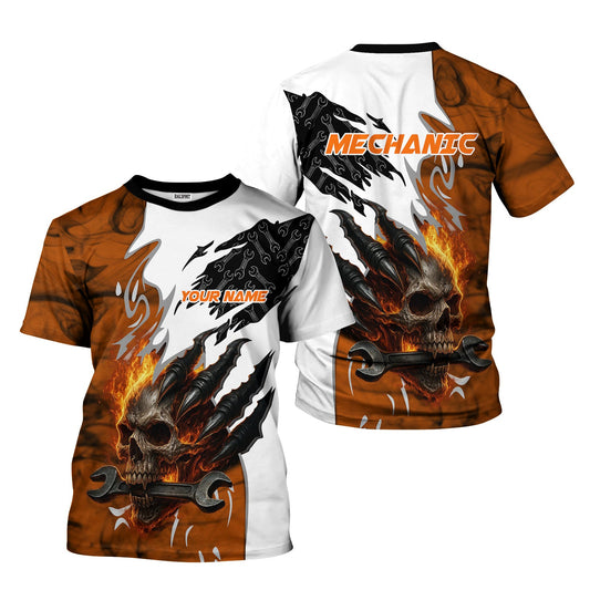 Joycorners Personalized Mechanic Shirt, Skull Wrench Flame Claw Design, Mechanic Uniforms, Gift For Men PT2609