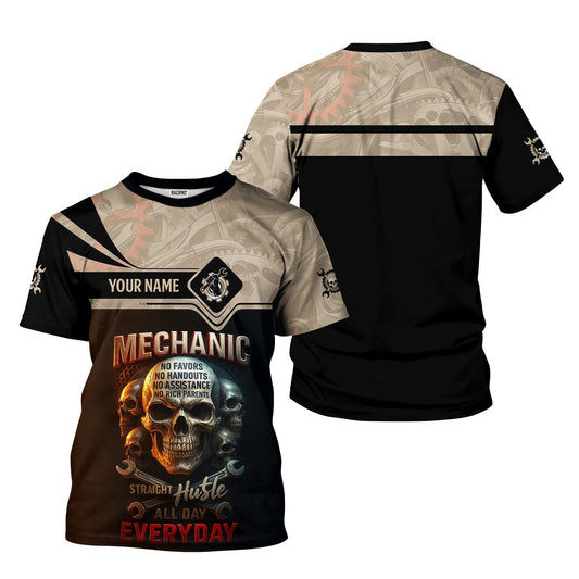 Joycorners Personalized Mechanic Shirt, Straight Hustle All Day Everyday, Skull and Wrenchs Design, Gift For Men PT2609