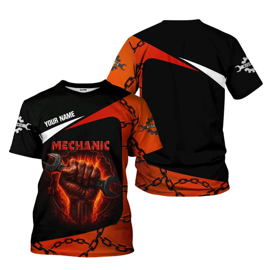 Joycorners Personalized Garage Mechanic Shirt, Wrench Grip with Fire and Chains, Perfect Gift for Car Repair Lovers PT2609