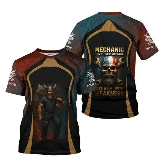 Joycorners Personalized T-Shirt Mechanic Don't Ever Mistake Old Age For Weakness Viking Design Shirt For Mechanics PT2609