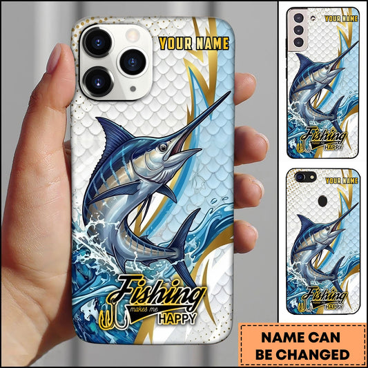 Joycorners Marlin Fishing Phone Case Splash Water Gold Lightning Pattern Personalized Name Phone Case