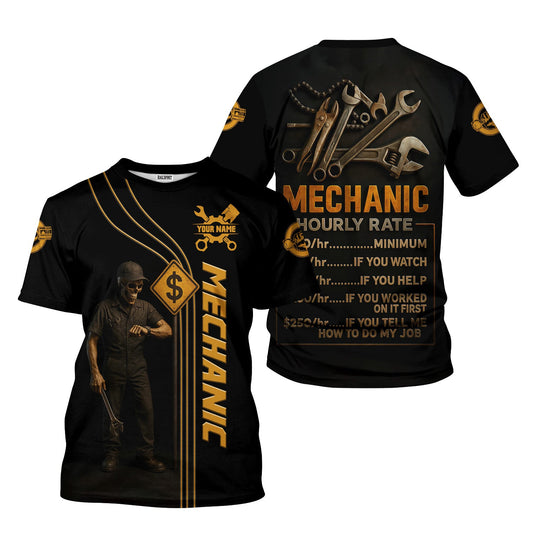 Joycorners Personalized T-Shirt Mechanic Hourly Rate Skull Looking Watch Design Shirt for Mechanics PT2609