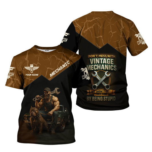 Joycorners Personalized T-Shirt Don't Mess With Vintage Mechanics Skull with Dog and Classic Car Design Shirt For Mechanics PT2609