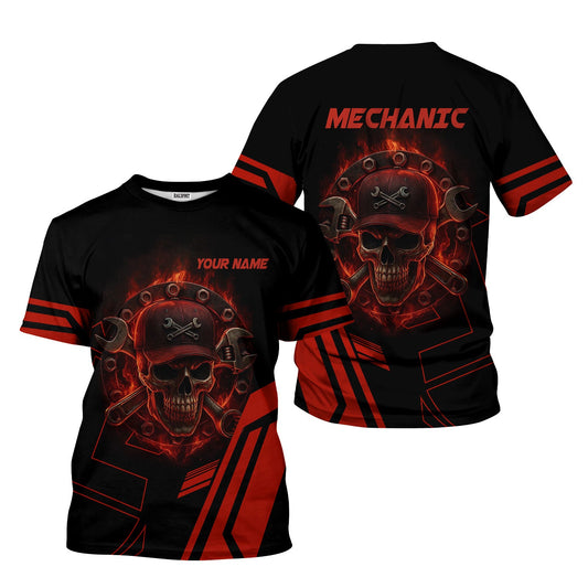 Joycorners Custom Name Mechanic Shirt Mechanic Skull Red Unisex T Shirt All Over Print PT2609