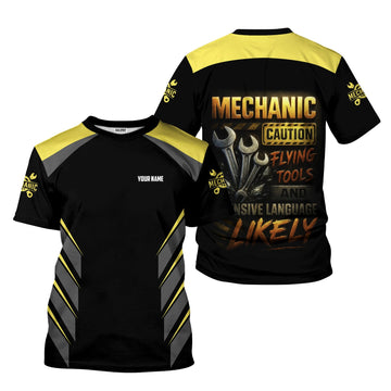 Joycorners Personalized Mechanic Shirt, Mechanic Caution Flying Tools And Offensive Language Likely, Mechanic Uniforms, Gift For Men PT2609