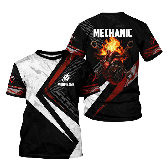 Joycorners Custom Name Mechanic Shirt Mechanic Heart Fire Printed Mechanic T Shirt PT2609