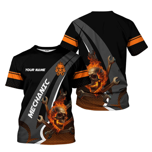Joycorners Personalized Mechanic Shirt, Skull Wrenches Flame Design, Mechanic Uniforms, Gift For Men PT2609