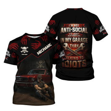 Joycorners Personalized Funny Mechanic T-Shirt, I'd Rather Be in My Garage Than Talking to Idiots, Ideal Gift for Auto Technicians PT2609