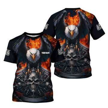 Joycorners Custom Name Funny Eagle Mechanic Skull Unisex Black T Shirt PT2609
