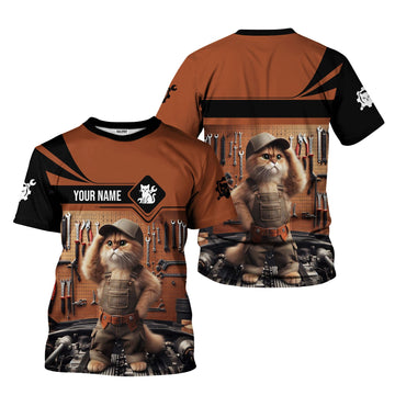 Joycorners Custom Name Funny Mechanic Cat Wearing Uniform Shirt All Over Printed Mechanic T Shirt PT2609