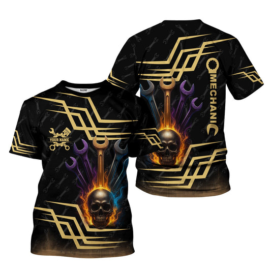 Joycorners Personalized Mechanic Shirt, Skull Colorful Wrenches Design, Mechanic Uniforms, Gift For Men PT2609