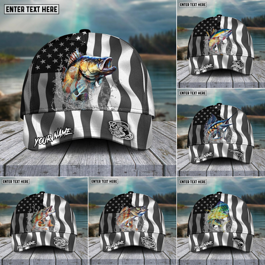 Joycorners Fishing Hat Walleye Splash American Flag Personalized Name Cap (11 Breeds)