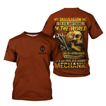 Joycorners Personalized Mechanic Shirt, My Skills Allow Me To Fix Anything In The World, Skull and Wrench Design, Gift For Men PT2609