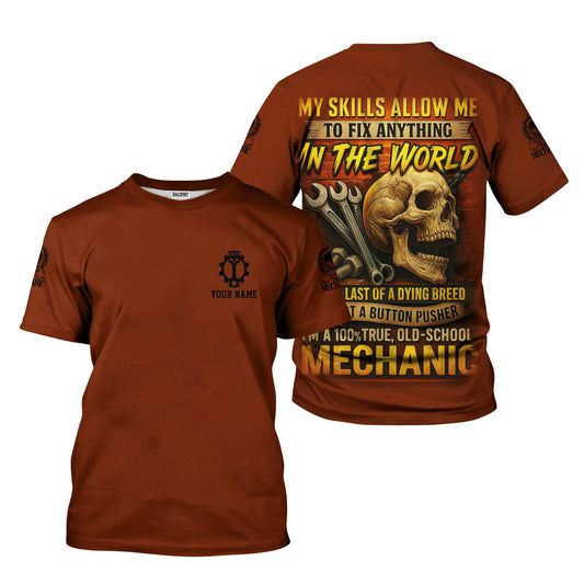 Joycorners Personalized Mechanic Shirt, My Skills Allow Me To Fix Anything In The World, Skull and Wrench Design, Gift For Men PT2609