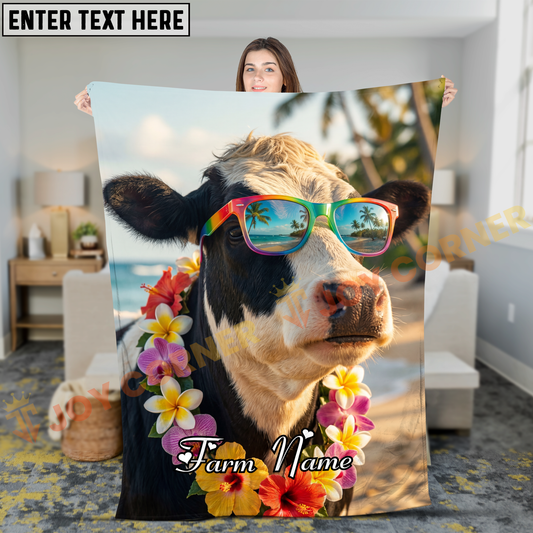 Joycorners Holstein Cow With Rainbow Sunglasses Tropical Beach Vacation Personalized Name Blanket