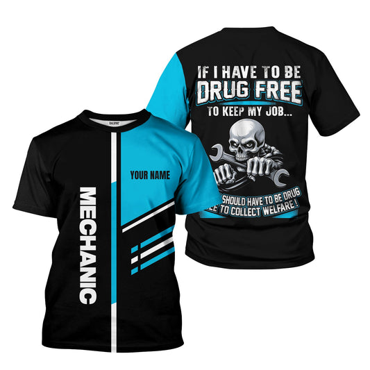 Joycorners Personalized Mechanic Shirt, Drug Free Job Quote, Custom Name Shirt, Cool Skull Design, Funny Work Apparel, Gift for Mechanics PT2609