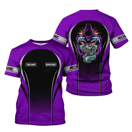 Joycorners Custom Mechanic Shirt, Personalized Work Uniform, Custom Name & Department, Cool Mechanic Graphic Tee, Purple Engine Skull Design PT2609