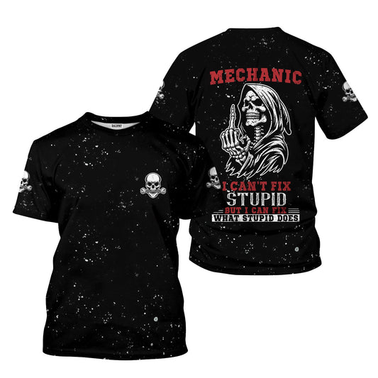 Joycorners Mechanic Skeleton Shirt, Funny Fix Stupid Graphic Tee, Unique Gift for Mechanics, Skull and Bones Design, Humor Apparel for Auto Repair PT2609