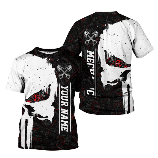 Joycorners Personalized Mechanic Skull Shirt, Unique Gear Design, Gift for Mechanics & Motorheads, Funny Skull Shirt PT2609