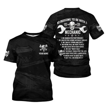 Joycorners Custom Name Mechanic Shirt 10 Reasons To Be With A Mechanic Skull Wrench Auto Repair Garage Workwear Tee Car Repair Shirt Gift For Men Dad PT2609