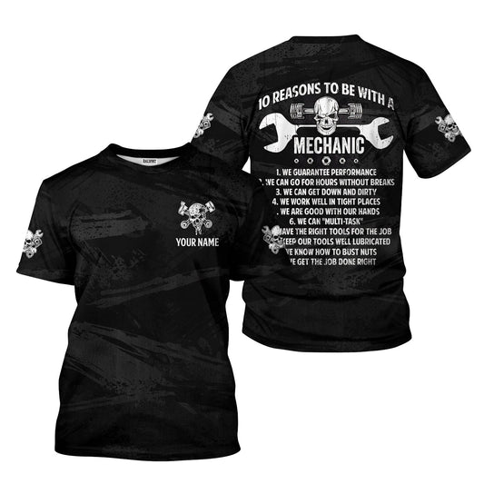 Joycorners Custom Name Mechanic Shirt 10 Reasons To Be With A Mechanic Skull Wrench Auto Repair Garage Workwear Tee Car Repair Shirt Gift For Men Dad PT2609