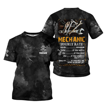 Joycorners Personalized Mechanic T Shirt Custom Name Hourly Rate Funny Auto Repair Garage Workwear Tee Car Repair Wrench Shirt Gift For Men Dad PT2609