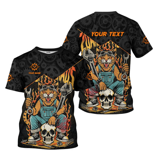 Joycorners Personalized Mechanic Shirt Custom Name Funny Cat Skull Wrench Flames Auto Repair Garage Workwear Tee Car Repair Shirt Gift For Men Dad PT2609