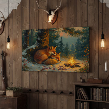 Joycorner Fox Couple Winter Forest Campfire Personalized Canvas