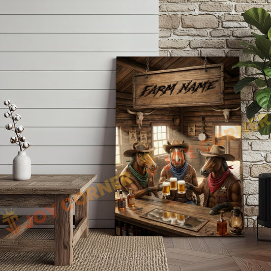 Joycorner Horse Cow Trio Western Saloon Beer Cheers Rustic Bar Sign Customized Farm Name Canvas