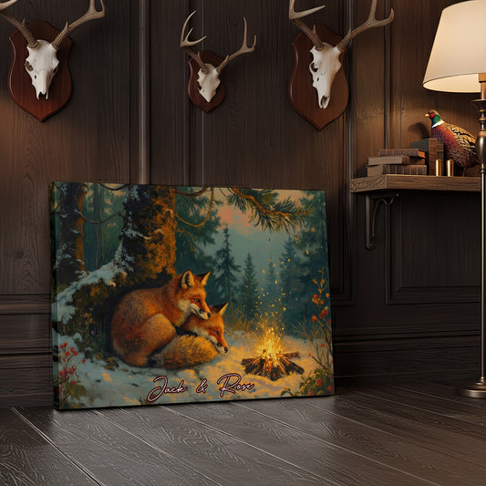 Joycorner Fox Couple Winter Forest Campfire Personalized Canvas