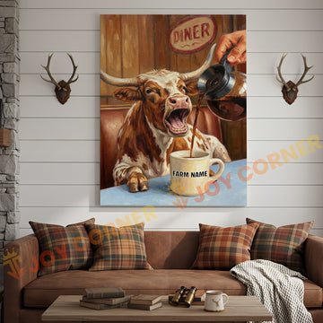 Joycorners Cattle Cow Funny Texas Longhorn Drinking Coffee In Diner Personalized Name Canvas