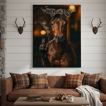 Joycorner Horse Smoking Cow Flipping Finger Attitude Wall Art Custom Name Rustic Canvas