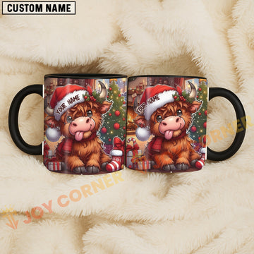 Joycorners Highland Cow Christmas Tree Santa Hat Custom Name Mug