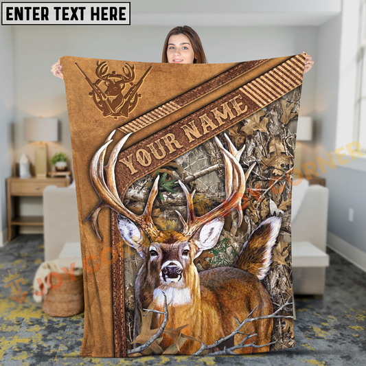 Joycorners Rustic Leather Whitetail Deer Woodland Camo Personalized 3D Blanket