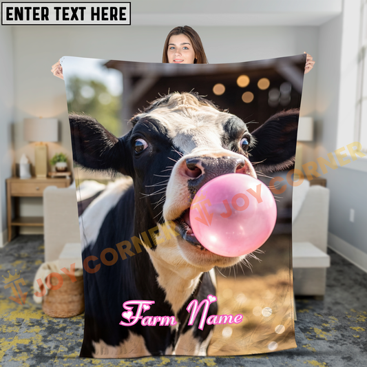 Joycorners Holstein Cow Blowing Pink Bubble Gum Close Up Personalized Name Blanket