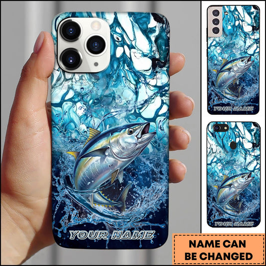 Joycorners Tuna Fishing Phone Case Blue Water Splash Fish Art Personalized Name 3D Phone Case