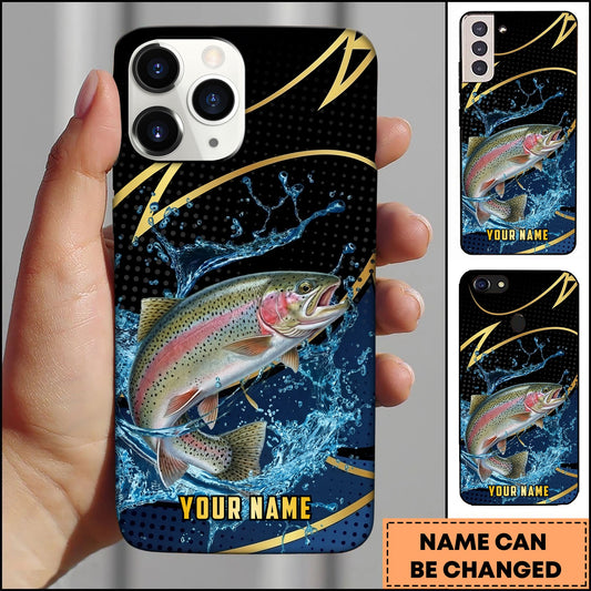 Joycorners Trout Fishing Phone Case Dynamic Water Splash Black Gold Line Personalized Name Phone Case