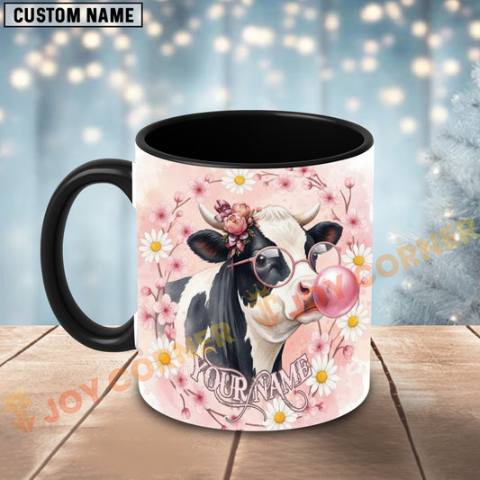 Joycorners Black and White Holstein Cow Bubblegum Flower Glasses Personalized Mug