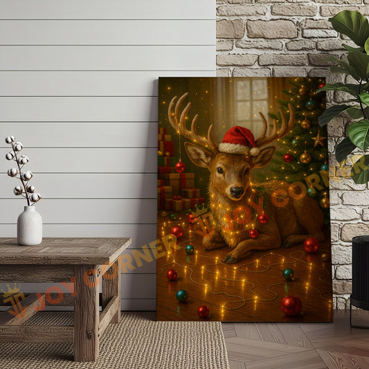 Joycorner Christmas Deer With Santa Hat & Lights – Cute Holiday Scene 3D Wrapped Canvas