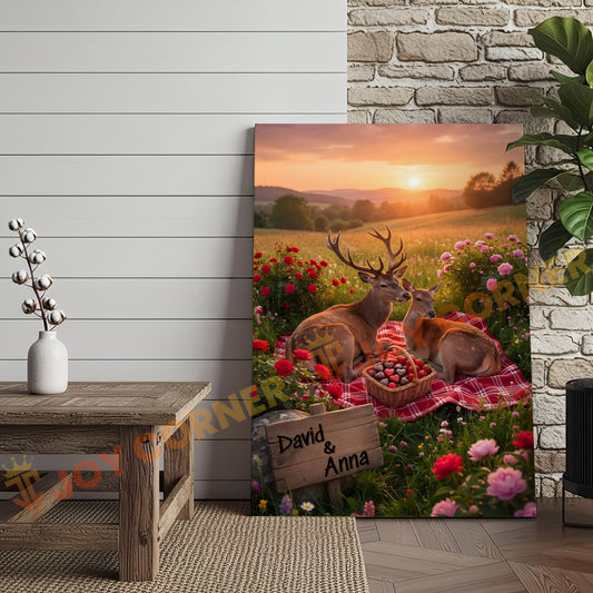 Joycorners Romantic Deer Couple Sunset Picnic Personalized Name Canvas