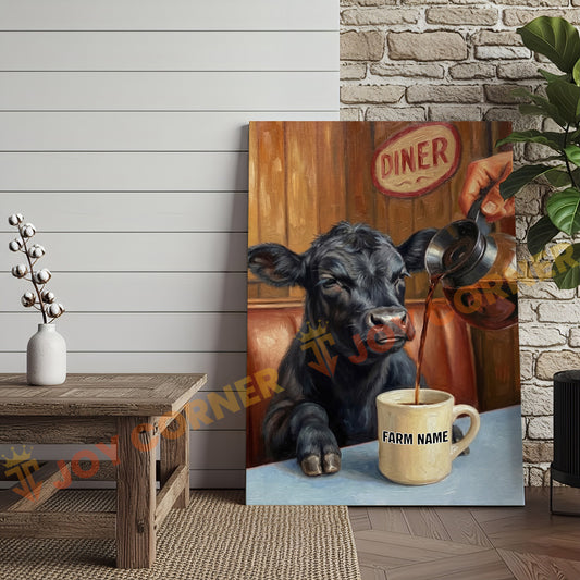 Joycorners Cattle Cow Funny Black Angus Cow Drinking Coffee In Diner Personalized Name Canvas
