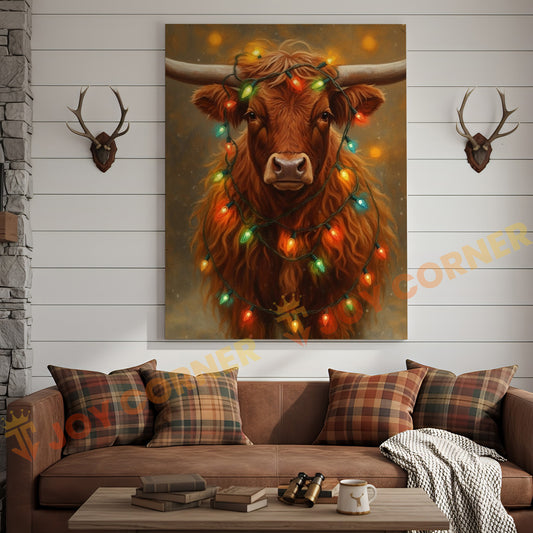 Joycorner Highland Cow Christmas Lights 3D Wrapped Canvas