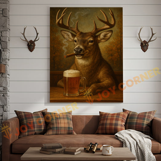 Joycorner Buck Deer Beer Cigar Rustic Portrait 3D Wrapped Canvas