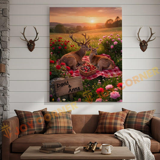 Joycorners Romantic Deer Couple Sunset Picnic Personalized Name Canvas