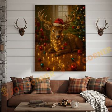 Joycorner Christmas Deer With Santa Hat & Lights – Cute Holiday Scene 3D Wrapped Canvas
